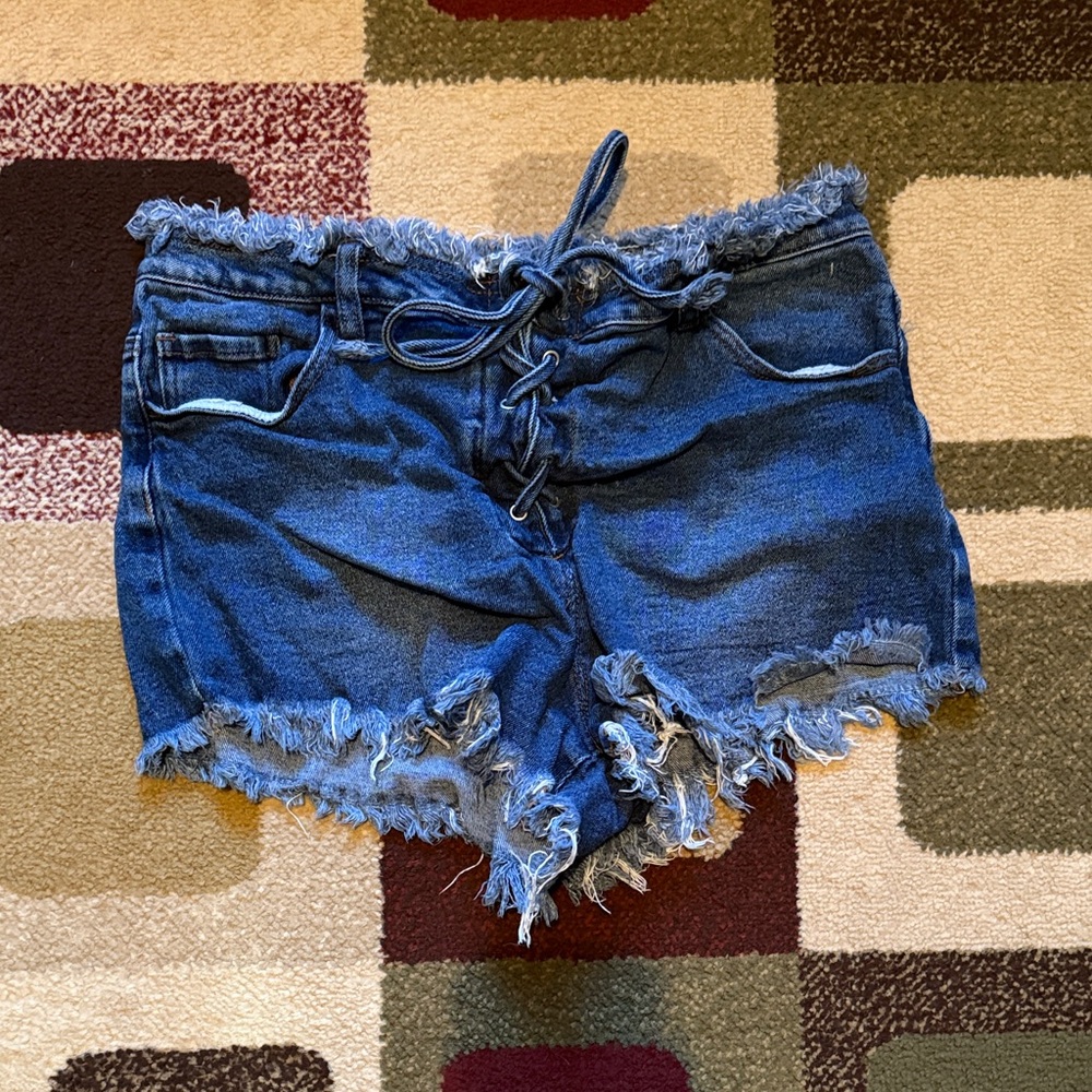 Denim Lace-Up Frayed Women Shorts